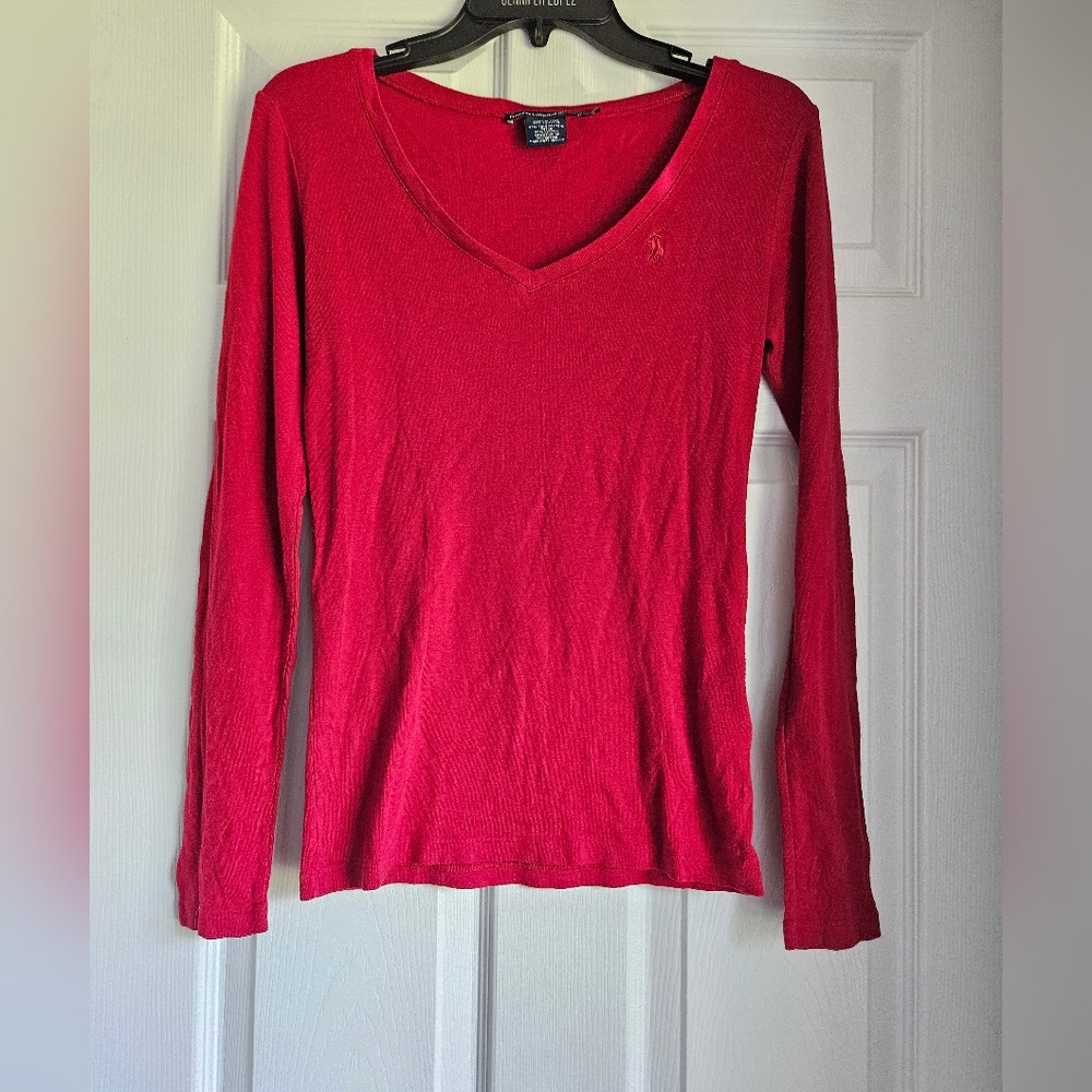 Ralph Lauren Sport Red Long Sleeve V-Neck Top
